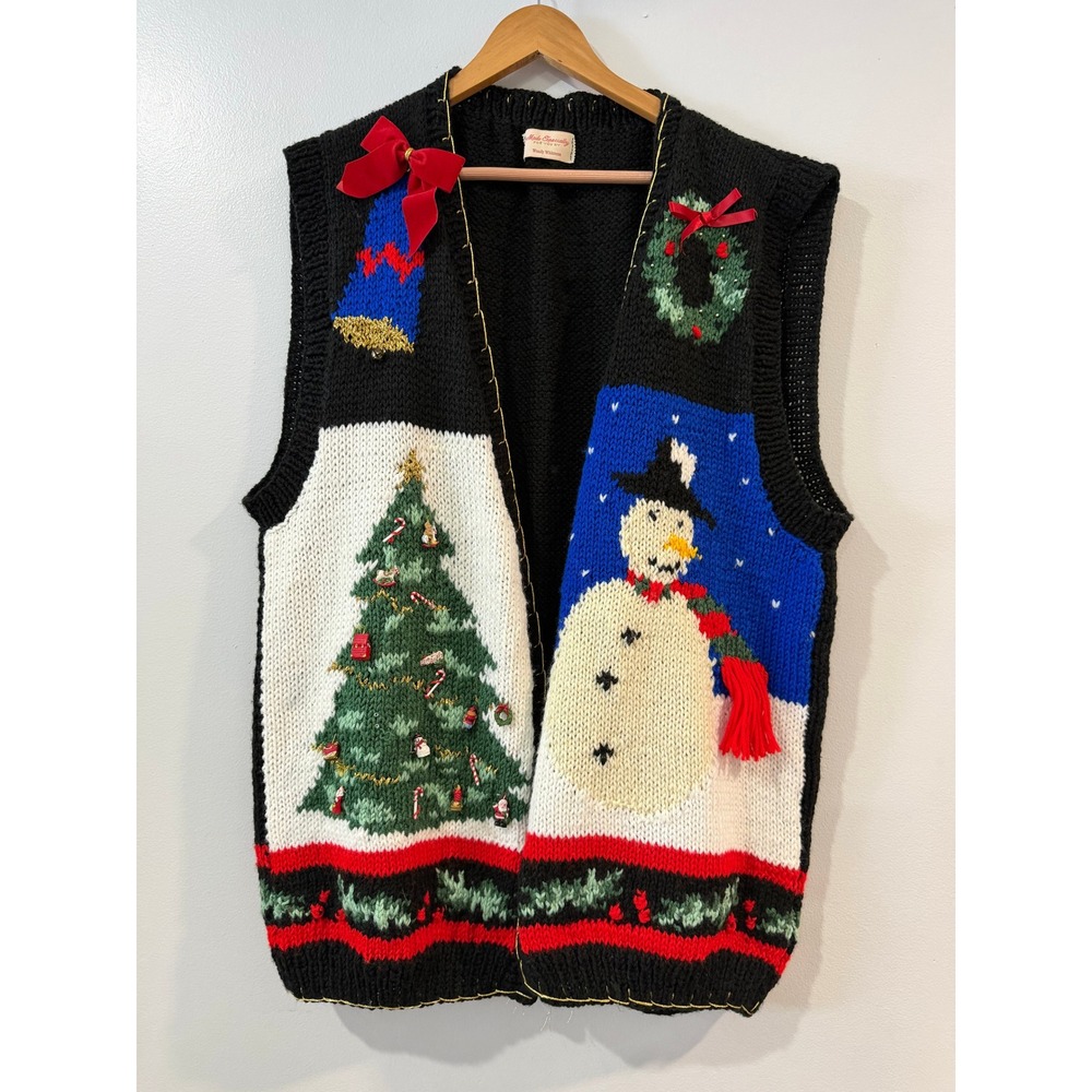 Handmade Ugly Christmas Sweater Vest Snowman Tree Black Knit